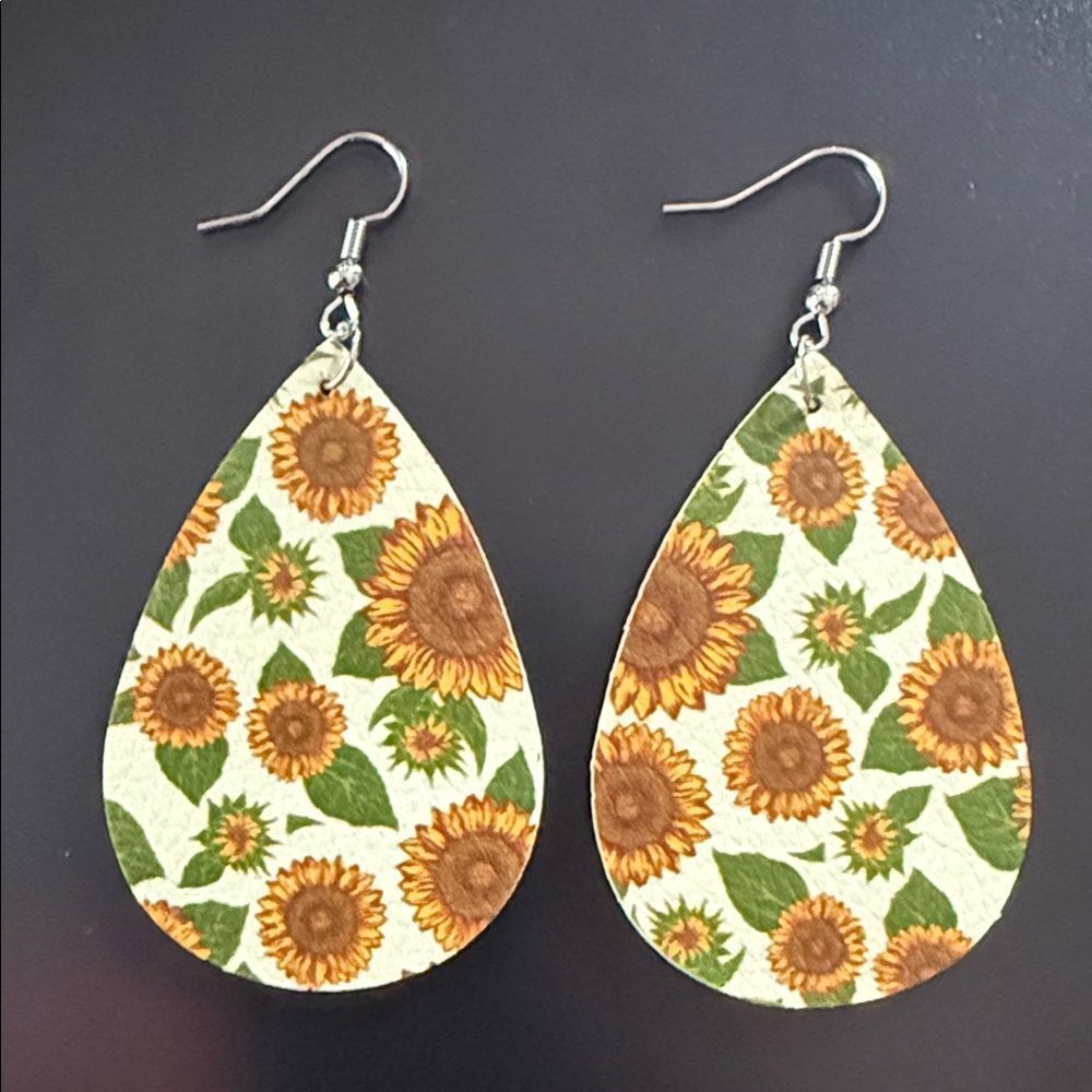 Faux leather Sunflower Teardrop Earrings